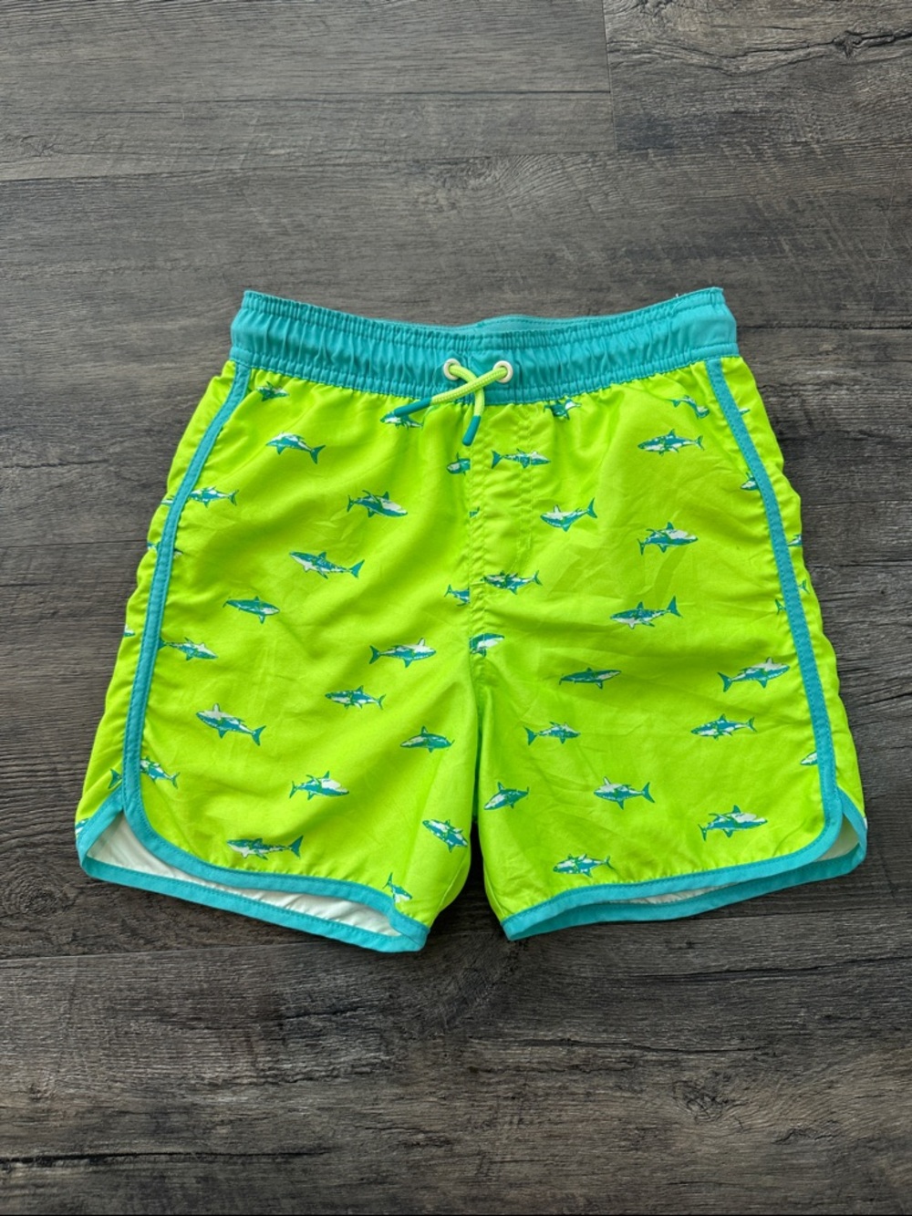 Cat & Jack Small 6/7 Neon Green Shark Pattern Board Short Swim Trunks w/Liner